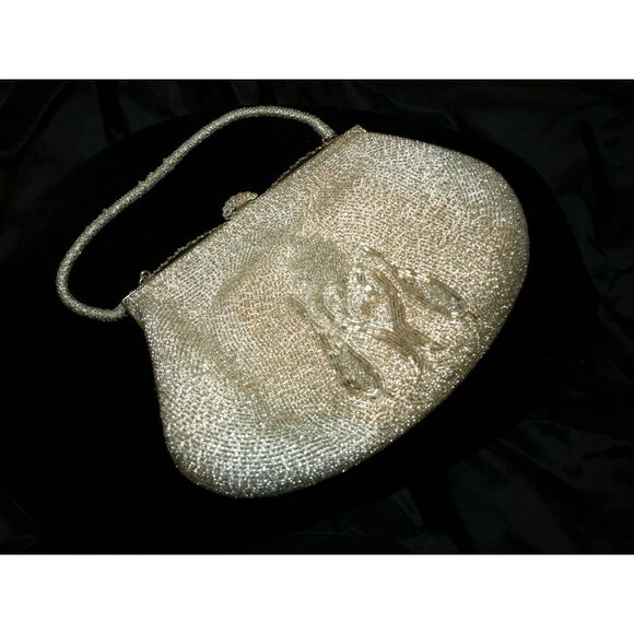 Antique Beaded Purse Heavily Beaded with Silvered Mercury Glass Beads Silver - Picture 12 of 12